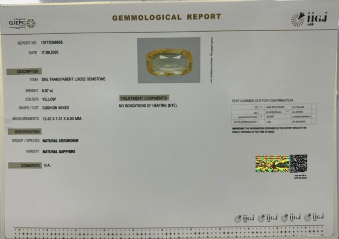 YELLOW SAPPHIRE 6.57 Ct.