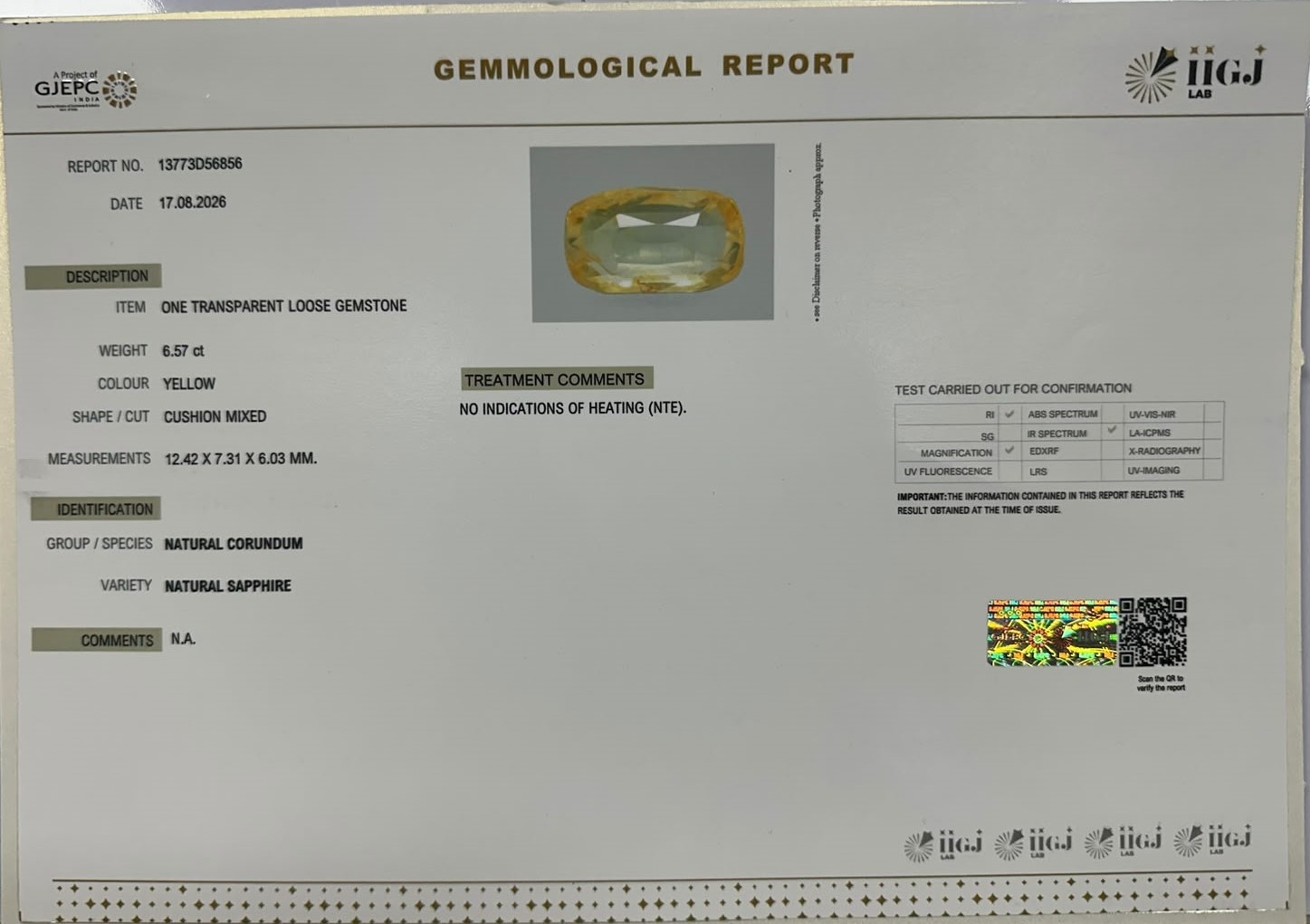 YELLOW SAPPHIRE 6.57 Ct.