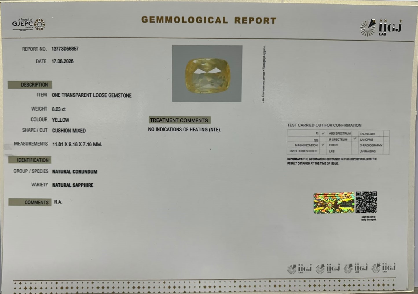 YELLOW SAPPHIRE 8.03 Ct. YELLOW SAPPHIRE 8.03 Ct.