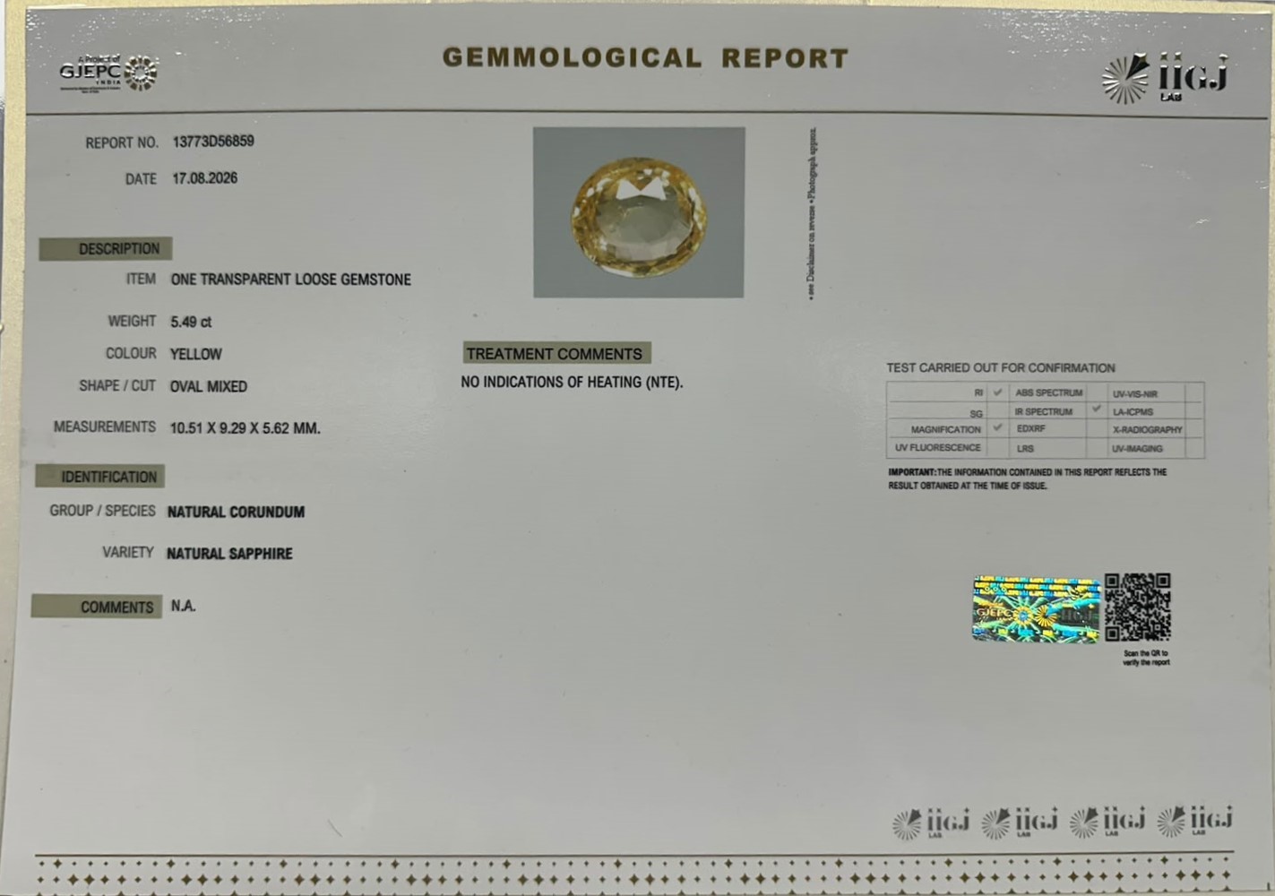 YELLOW SAPPHIRE 5.49 Ct. YELLOW SAPPHIRE 5.49 Ct.
