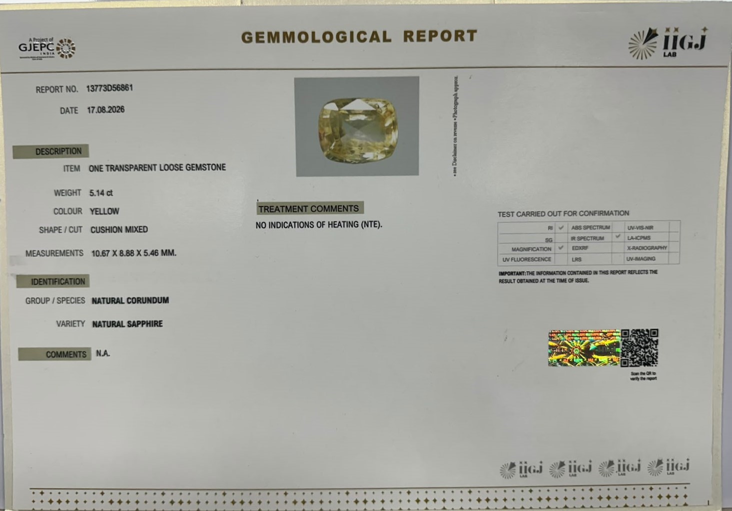YELLOW SAPPHIRE 5.14 Ct. YELLOW SAPPHIRE 5.14 Ct.