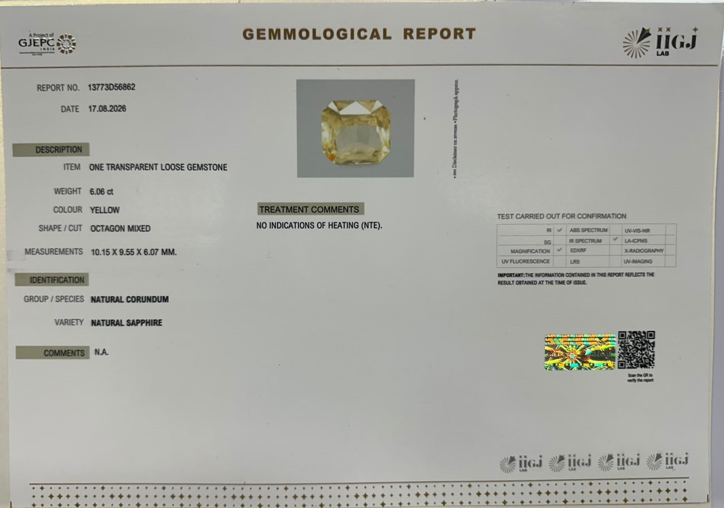 YELLOW SAPPHIRE 6.06 Ct. YELLOW SAPPHIRE 6.06 Ct.