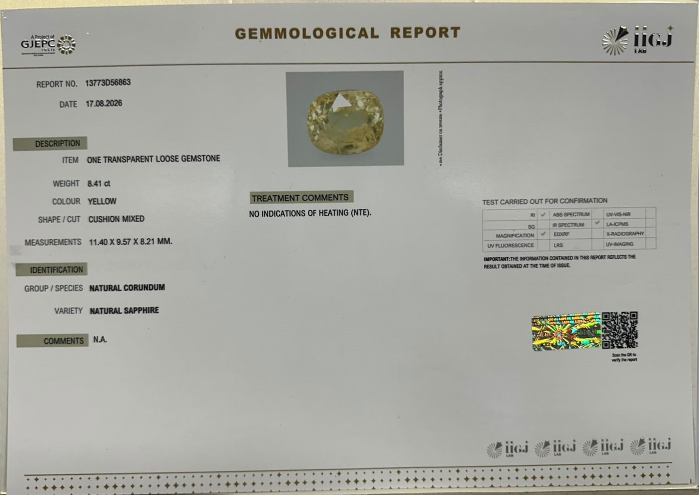 YELLOW SAPPHIRE 8.41 Ct. YELLOW SAPPHIRE 8.41 Ct.