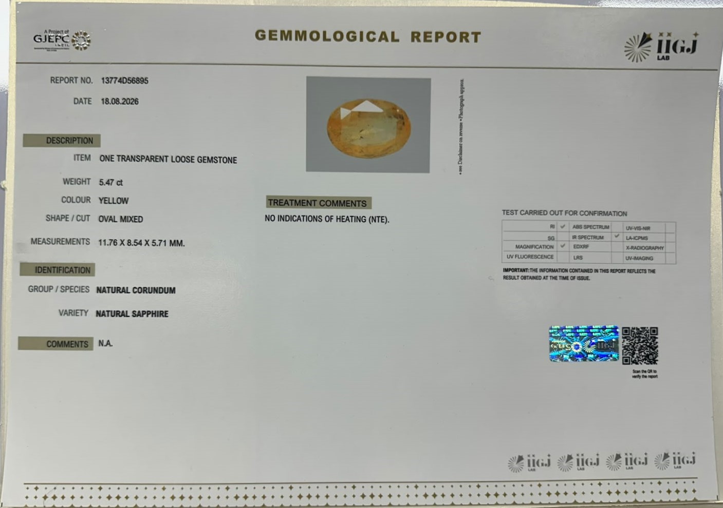 YELLOW SAPPHIRE 5.47 Ct. YELLOW SAPPHIRE 5.47 Ct.