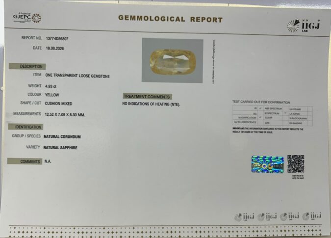 YELLOW SAPPHIRE 4.93 Ct.