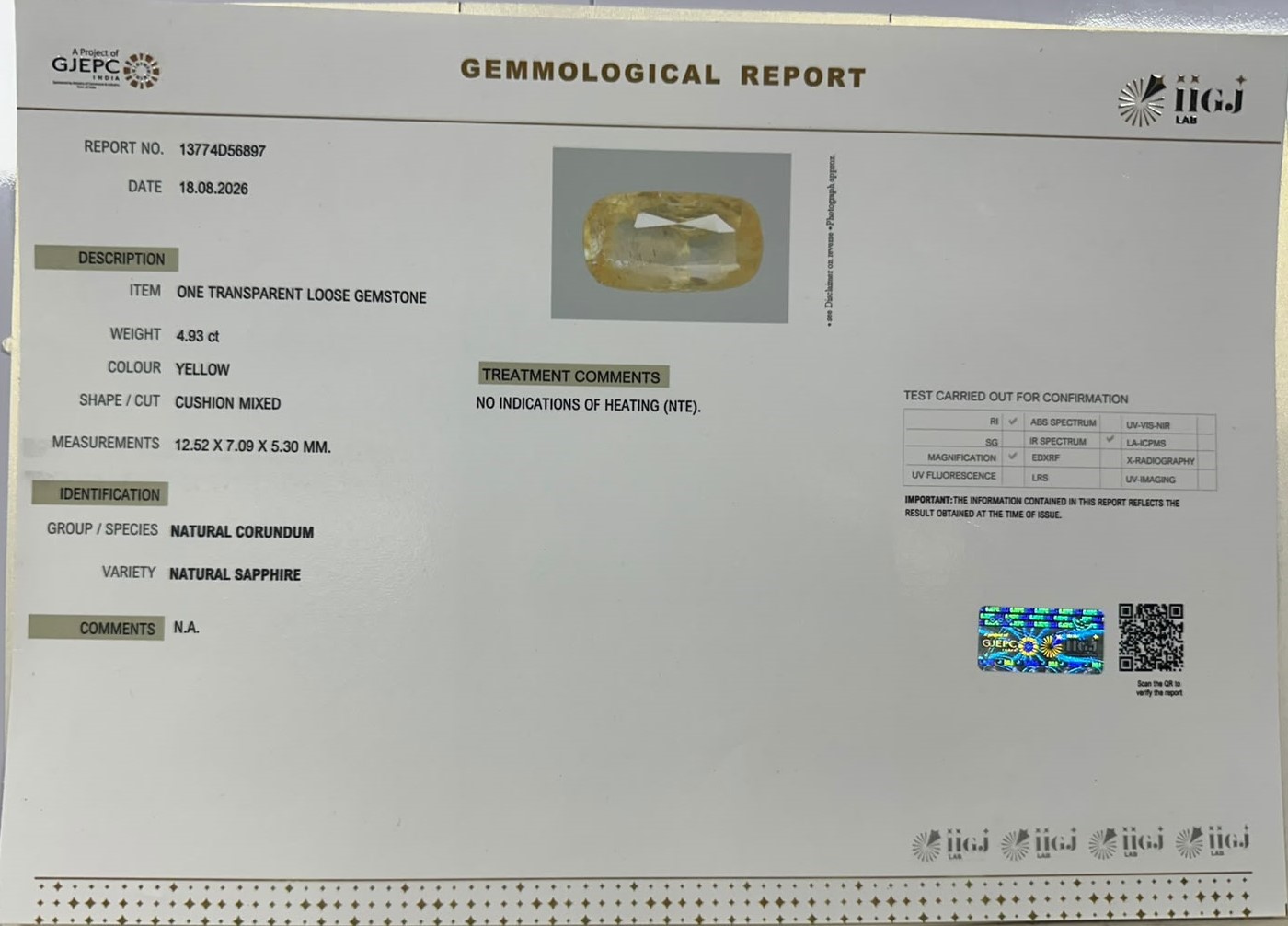 YELLOW SAPPHIRE 4.93 Ct.