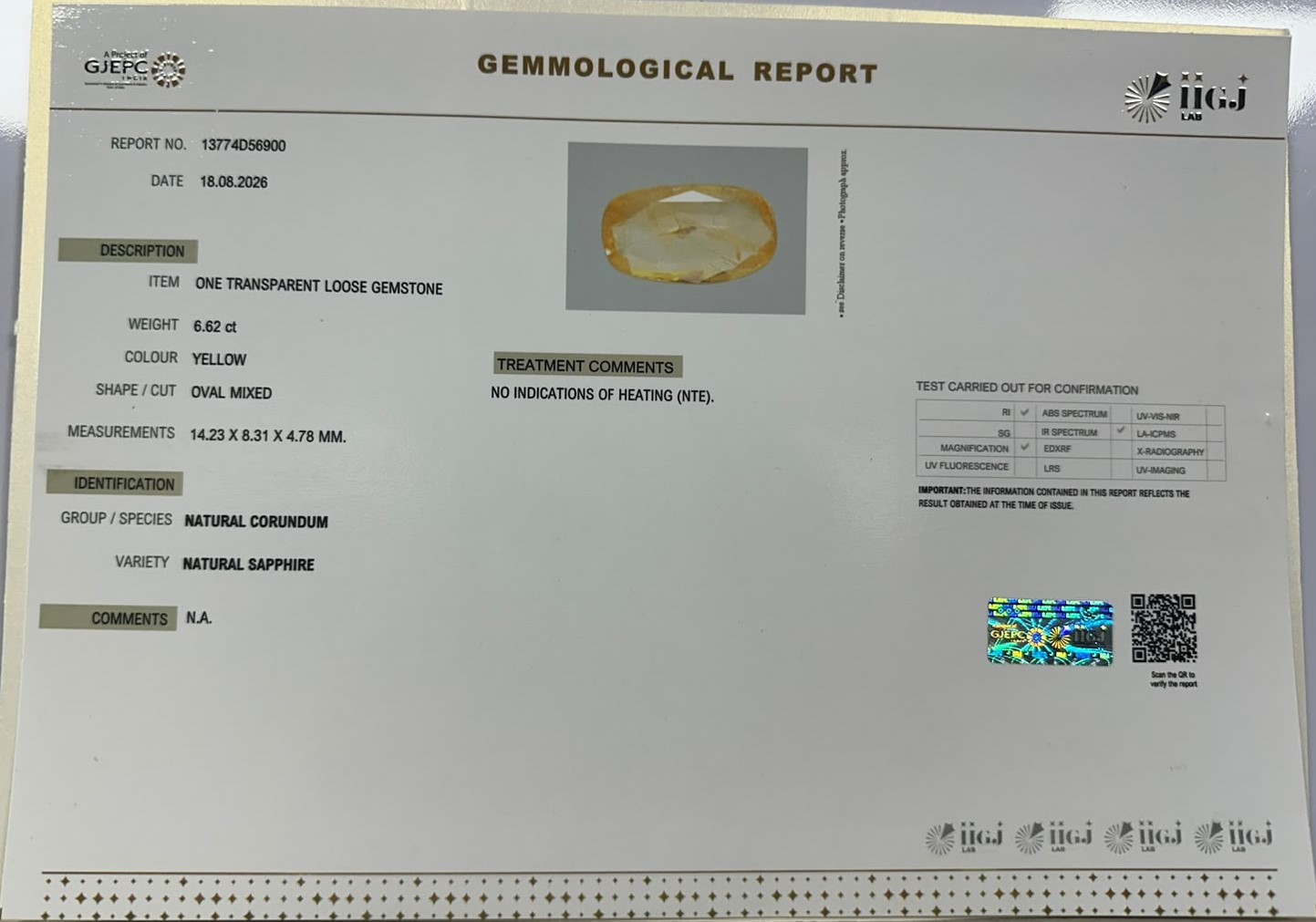 YELLOW SAPPHIRE 6.62 Ct. YELLOW SAPPHIRE 6.62 Ct.