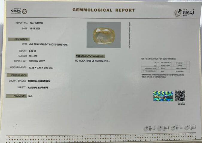 YELLOW SAPPHIRE 6.62 Ct.