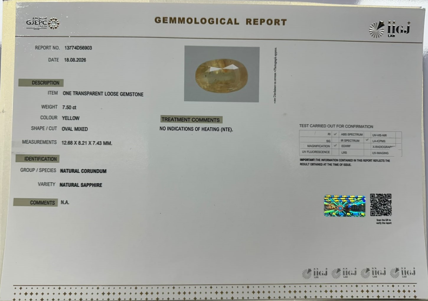 YELLOW SAPPHIRE 7.5 Ct.