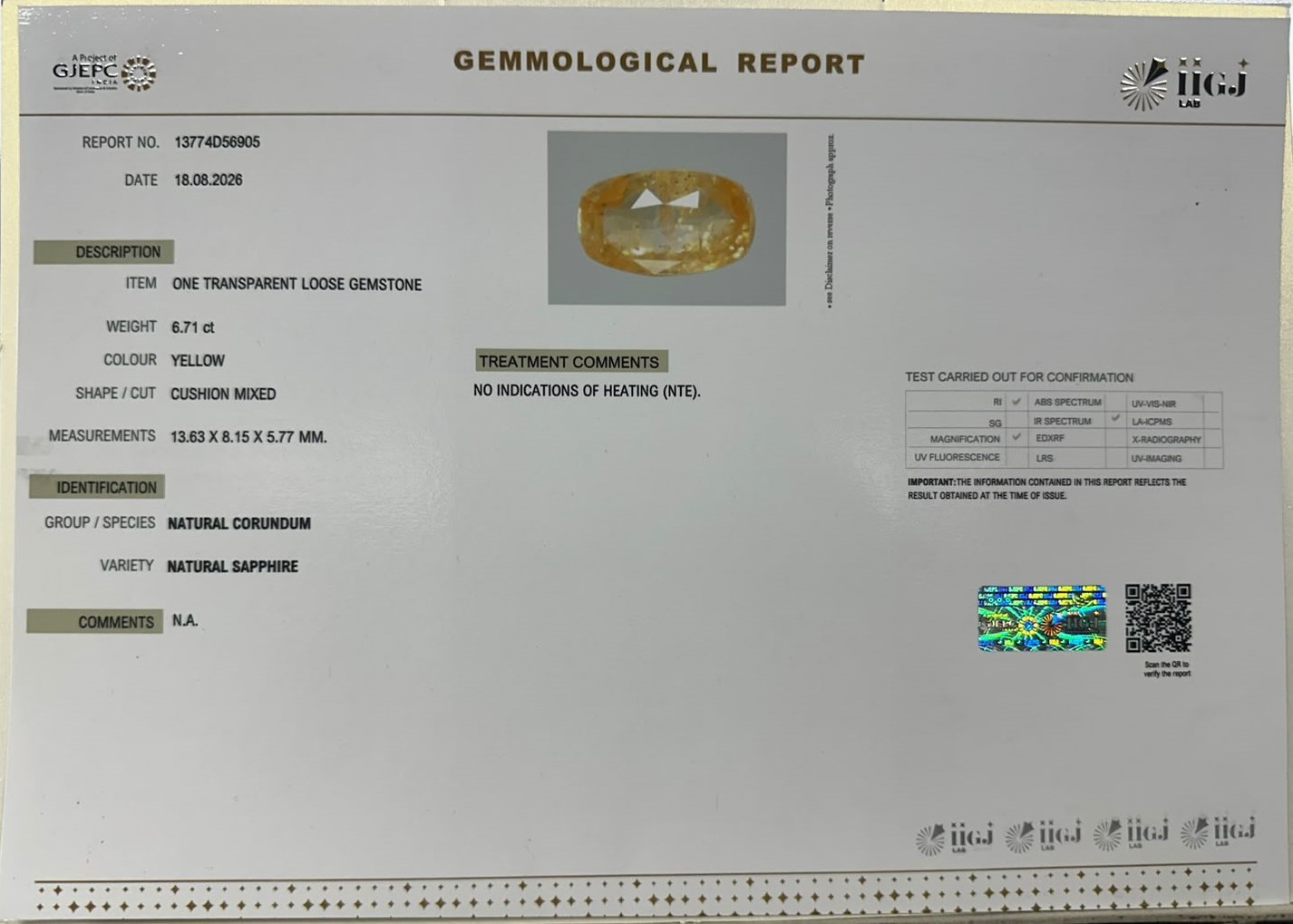 YELLOW SAPPHIRE 6.71 Ct. YELLOW SAPPHIRE 6.71 Ct.