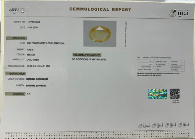 YELLOW SAPPHIRE 4.93 Ct. YELLOW SAPPHIRE 4.93 Ct.