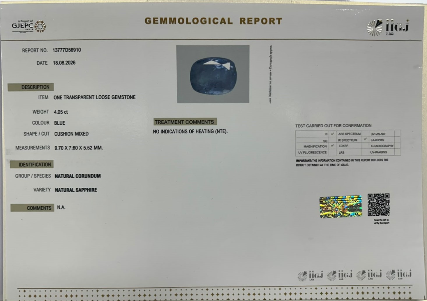BLUE SAPPHIRE 4.05 Ct.