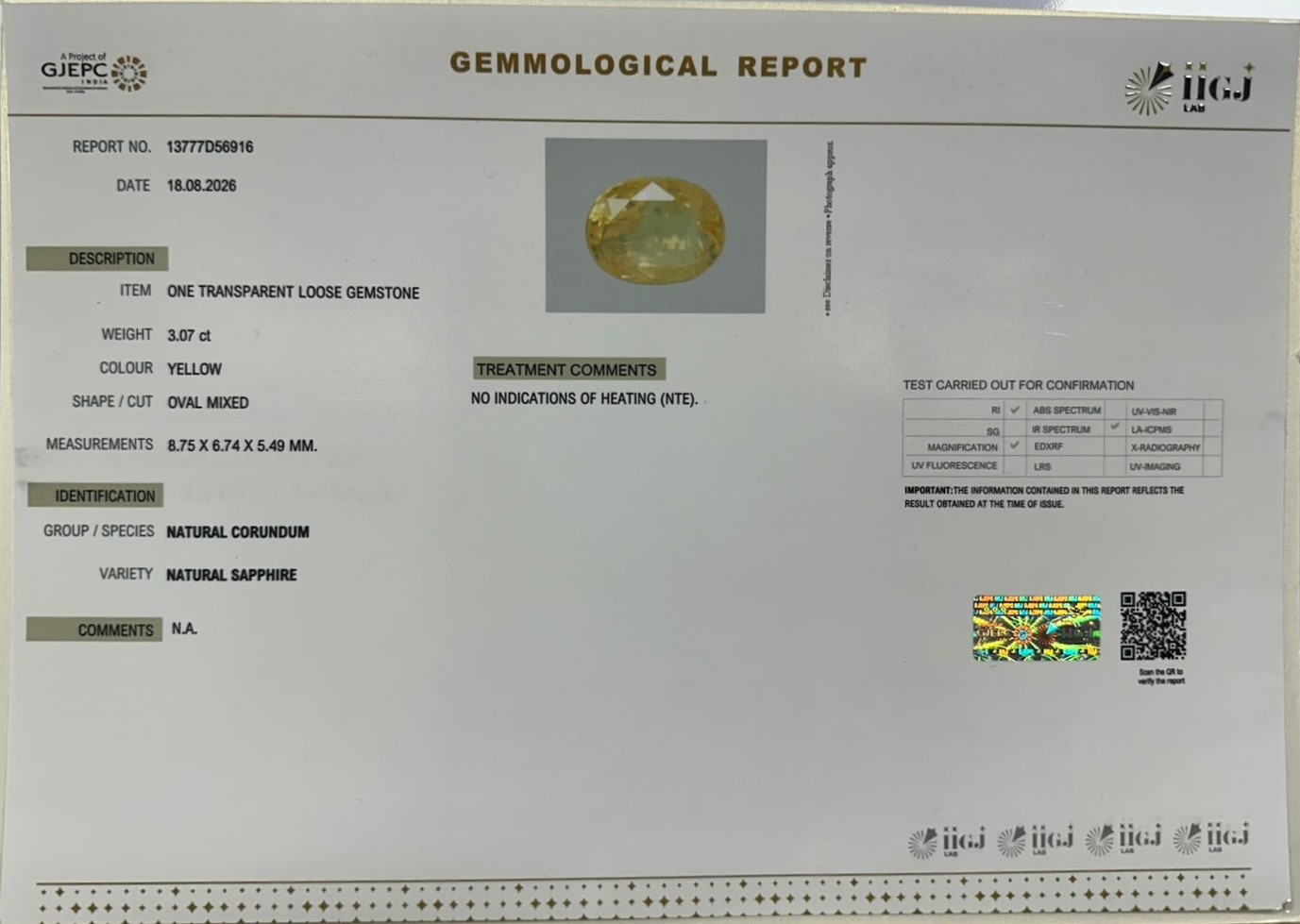YELLOW SAPPHIRE 3.07 Ct. YELLOW SAPPHIRE 3.07 Ct.