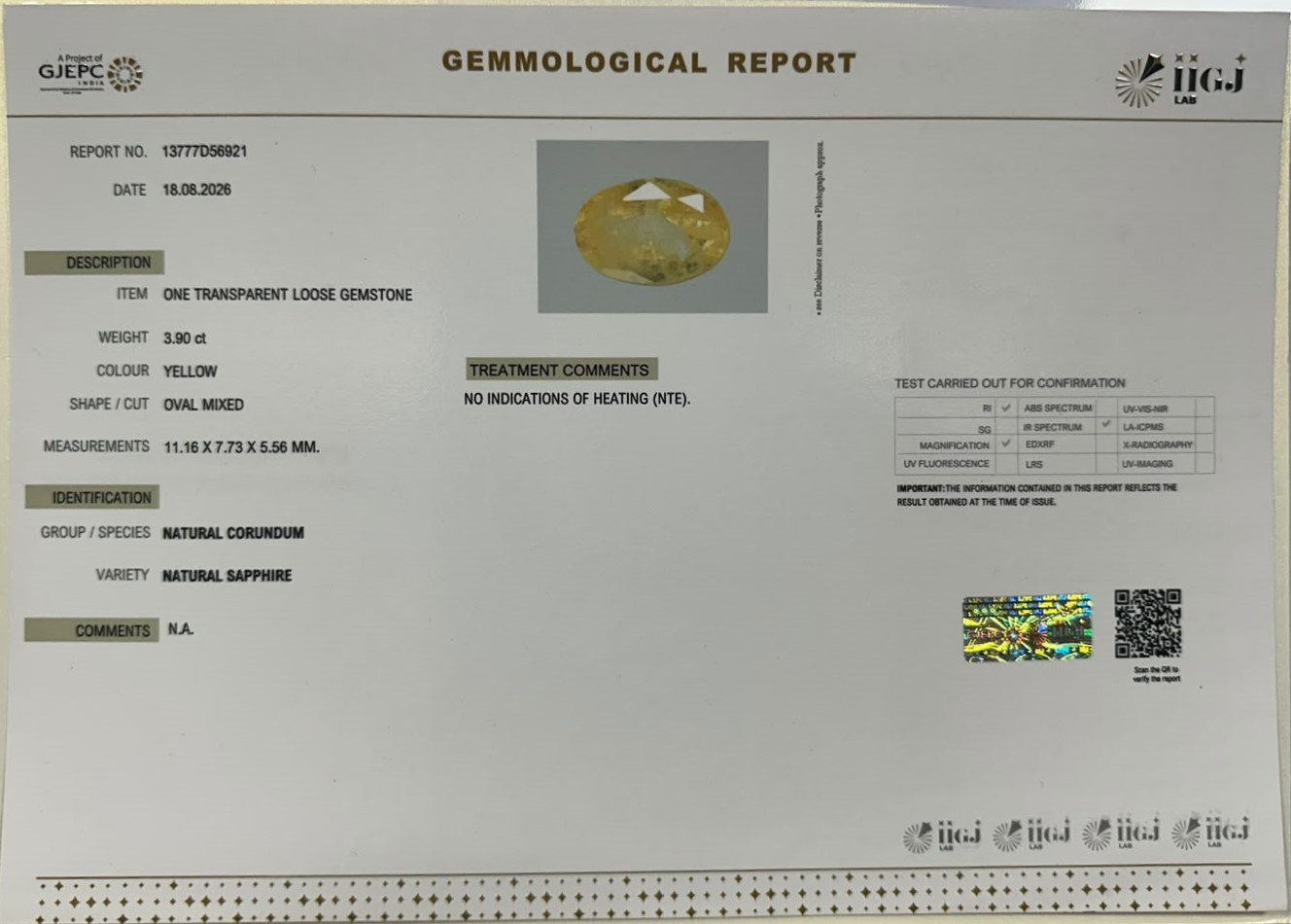 YELLOW SAPPHIRE 3.9 Ct. YELLOW SAPPHIRE 3.9 Ct.