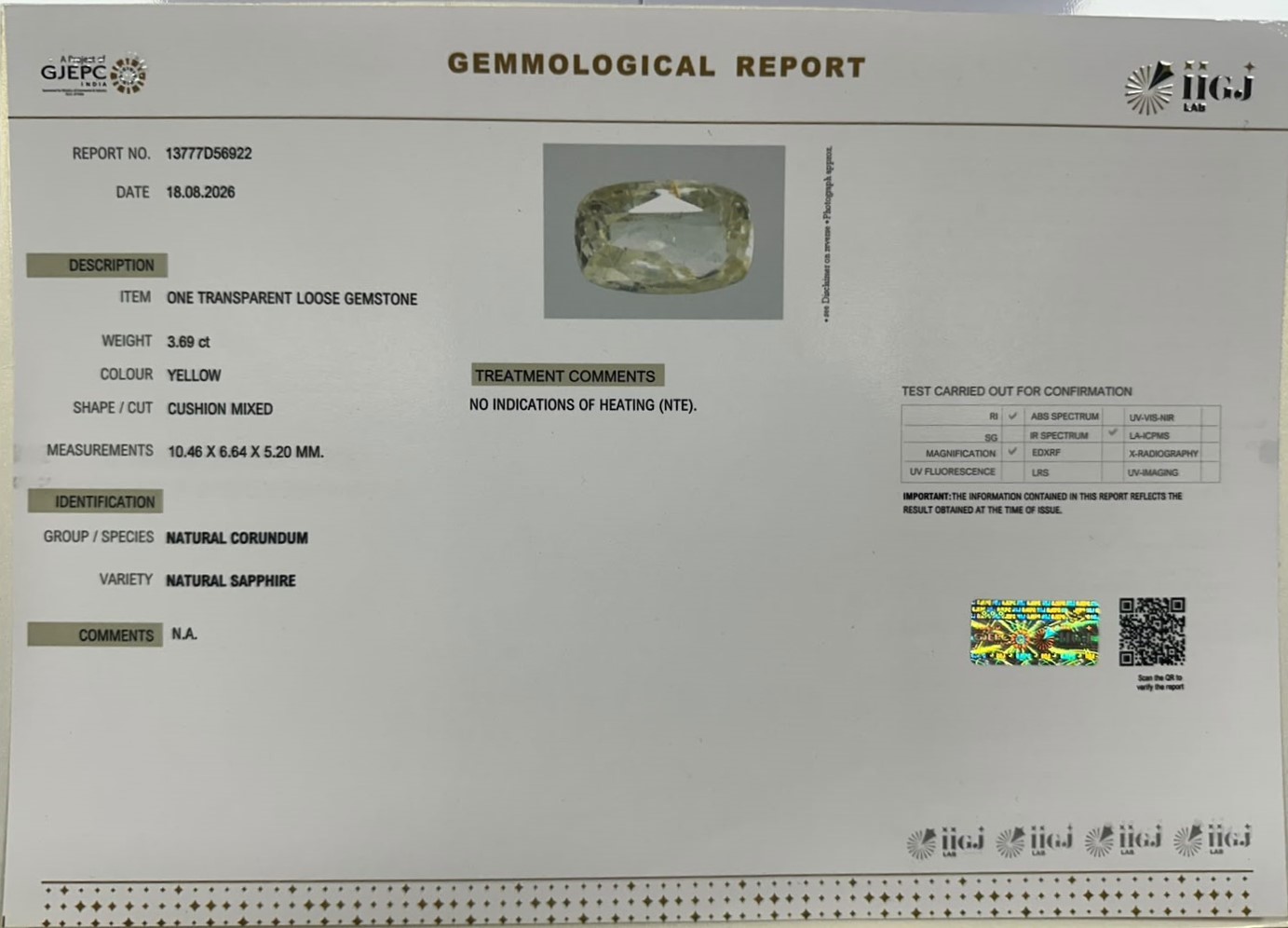 YELLOW SAPPHIRE 3.69 Ct. YELLOW SAPPHIRE 3.69 Ct.
