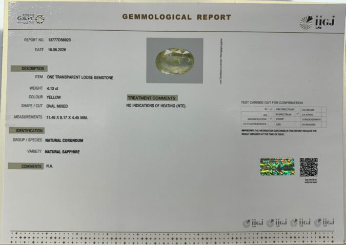 YELLOW SAPPHIRE 4.13 Ct.