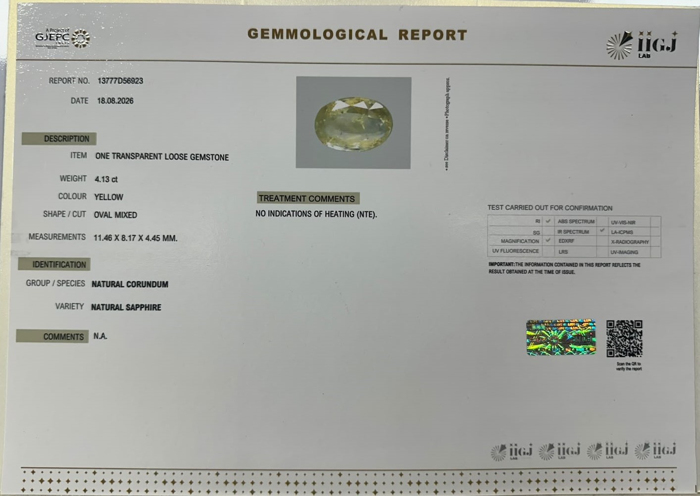YELLOW SAPPHIRE 4.13 Ct.