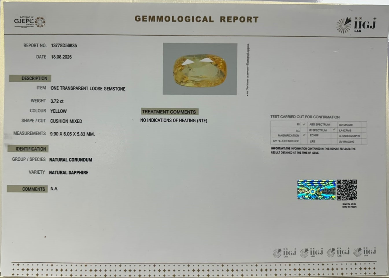 YELLOW SAPPHIRE 3.72 Ct.