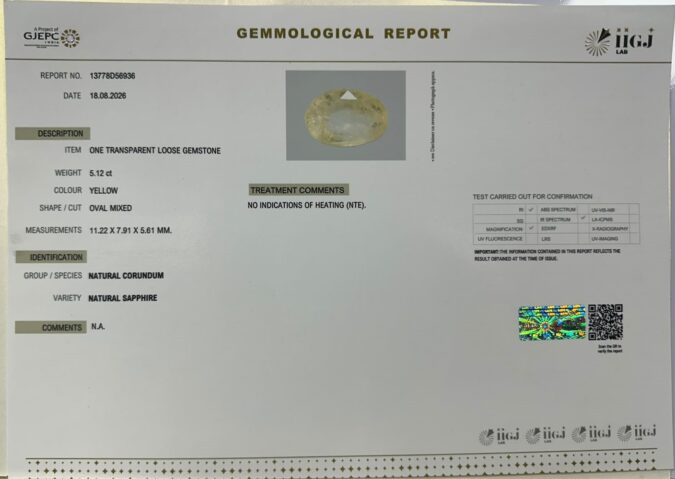 YELLOW SAPPHIRE 5.12 Ct.