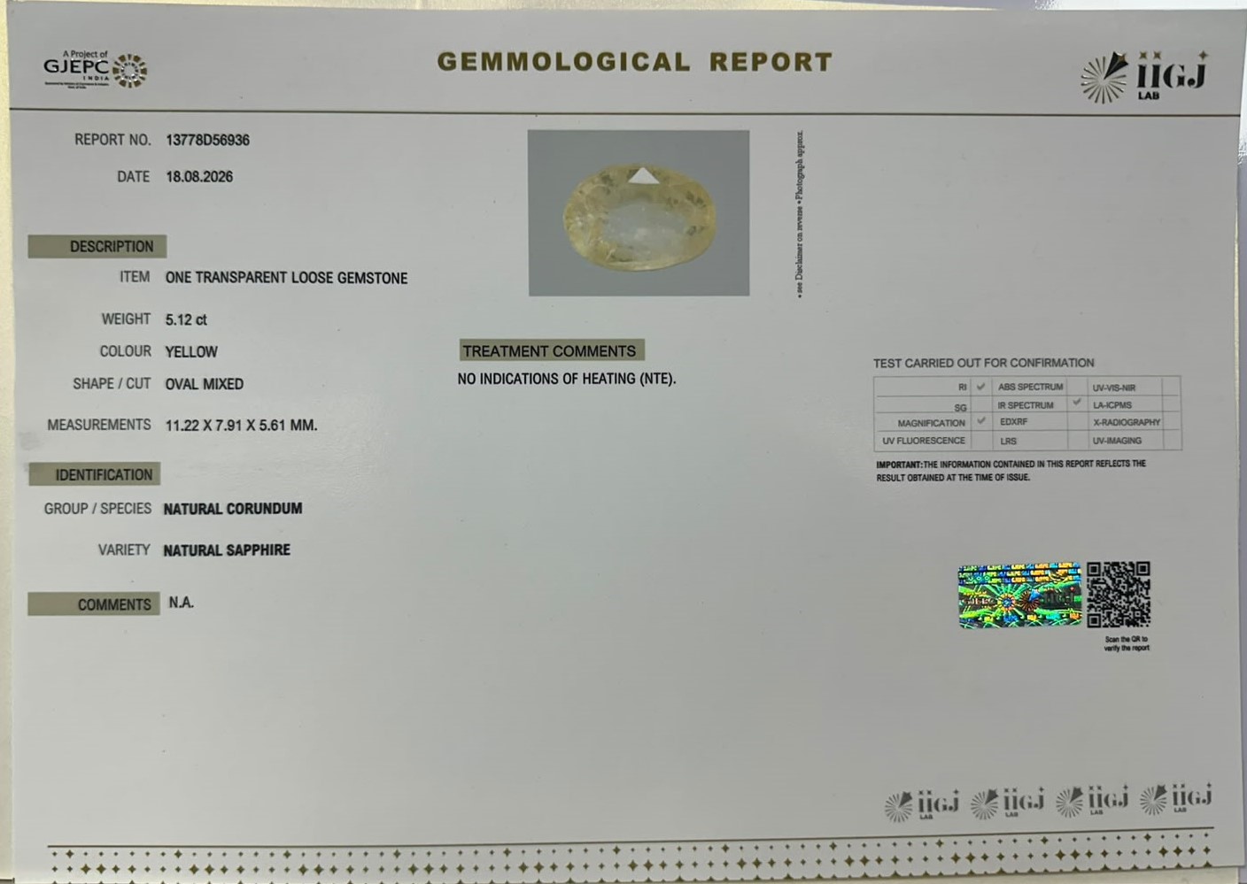 YELLOW SAPPHIRE 5.12 Ct.