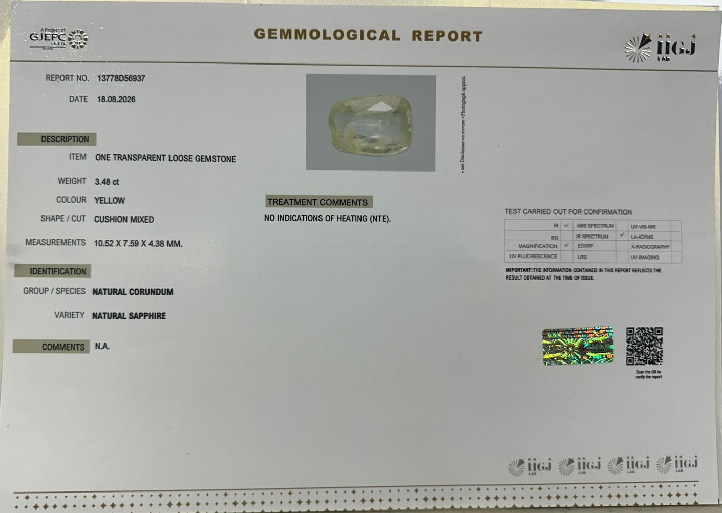 YELLOW SAPPHIRE 3.48 Ct.