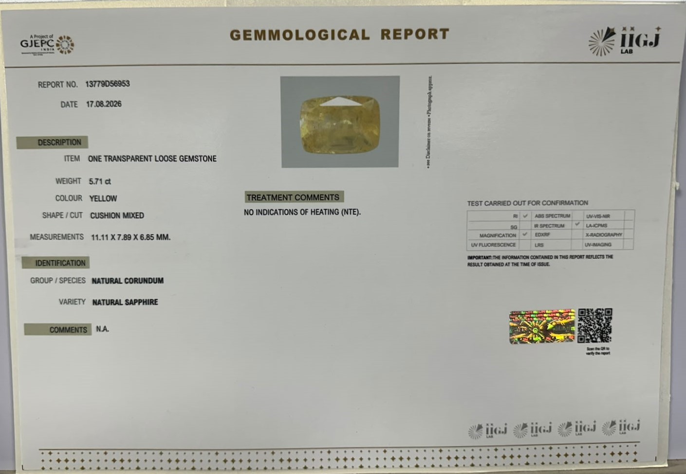 YELLOW SAPPHIRE 5.71 Ct. YELLOW SAPPHIRE 5.71 Ct.