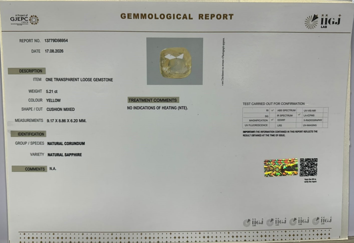 YELLOW SAPPHIRE 5.21 Ct.