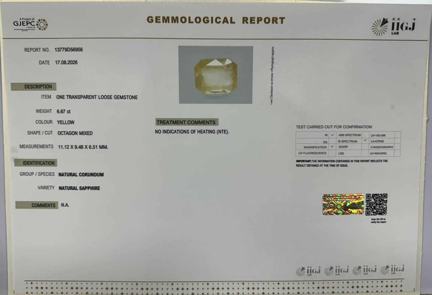 YELLOW SAPPHIRE 6.67 Ct.