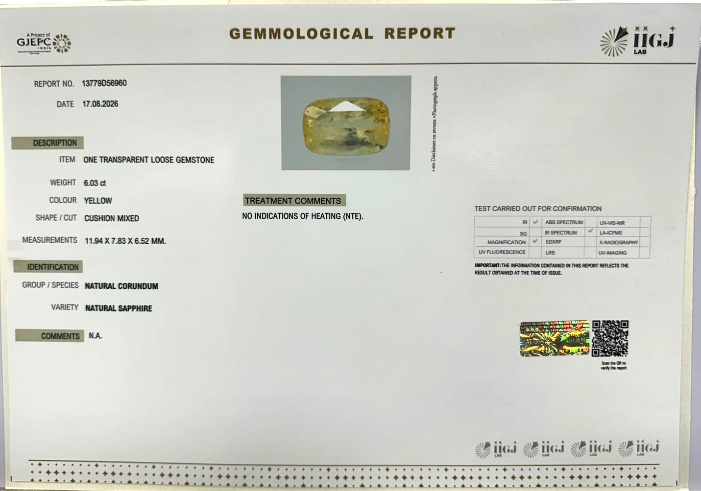 YELLOW SAPPHIRE 6.03 Ct.