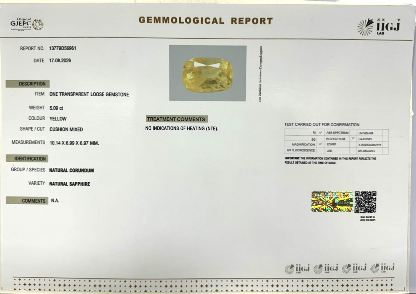 YELLOW SAPPHIRE 5.09 Ct.