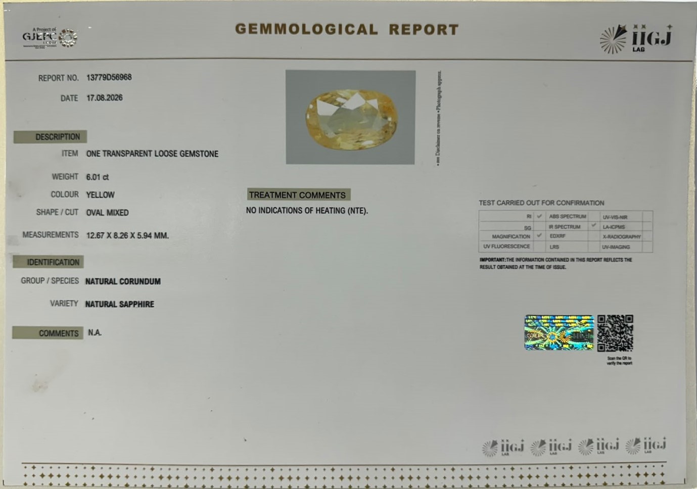 YELLOW SAPPHIRE 6.01 Ct.