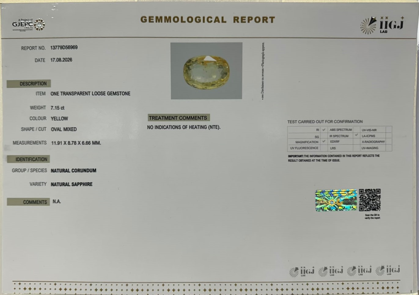YELLOW SAPPHIRE 7.15 Ct. YELLOW SAPPHIRE 7.15 Ct.