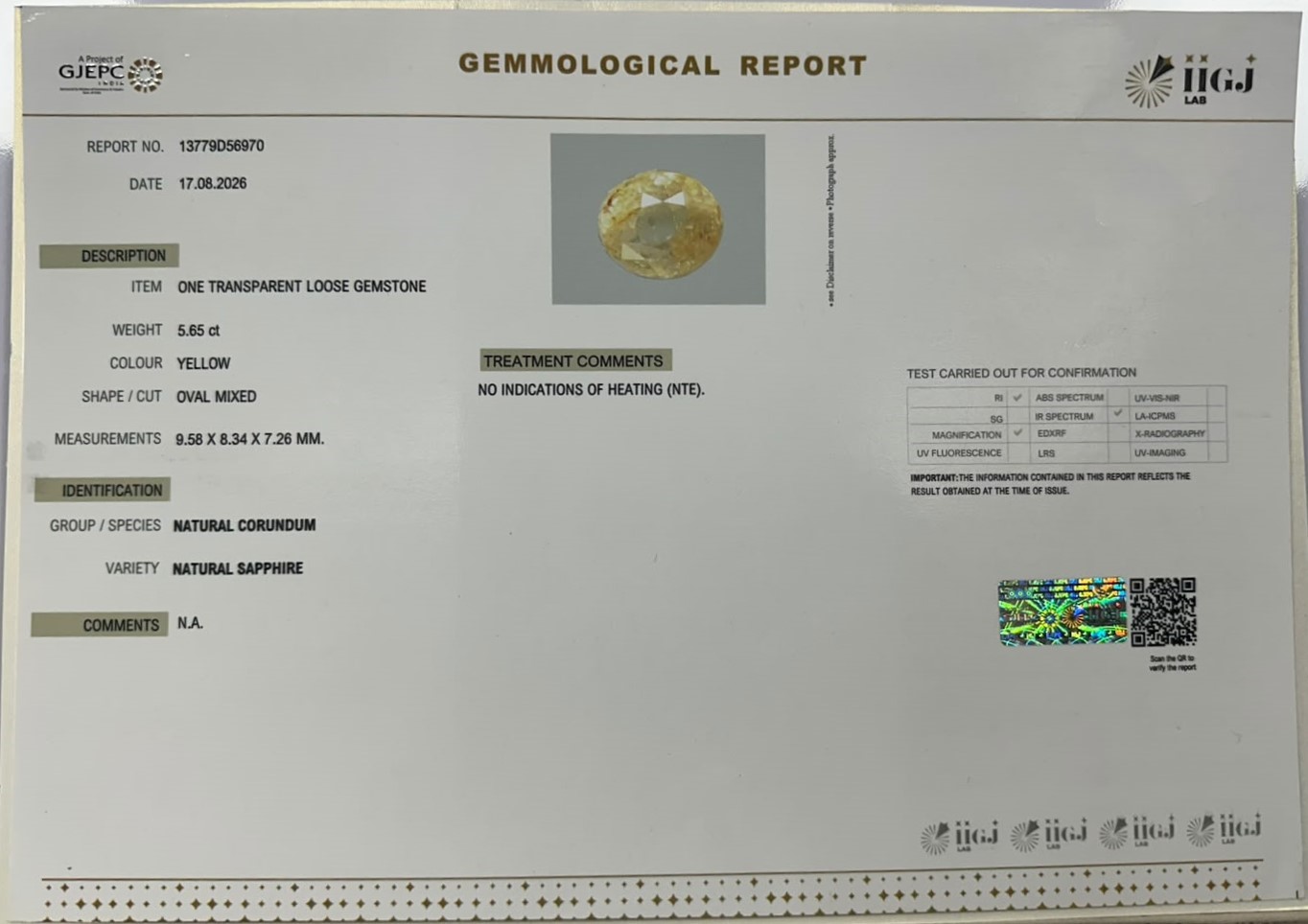 YELLOW SAPPHIRE 5.65 Ct.