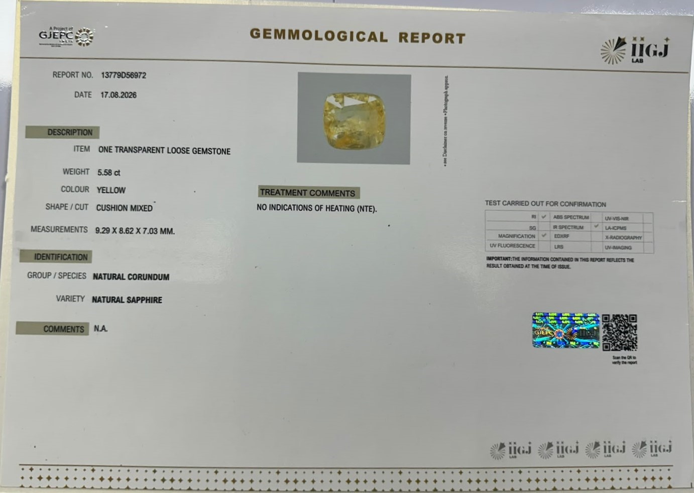 YELLOW SAPPHIRE 5.58 Ct.