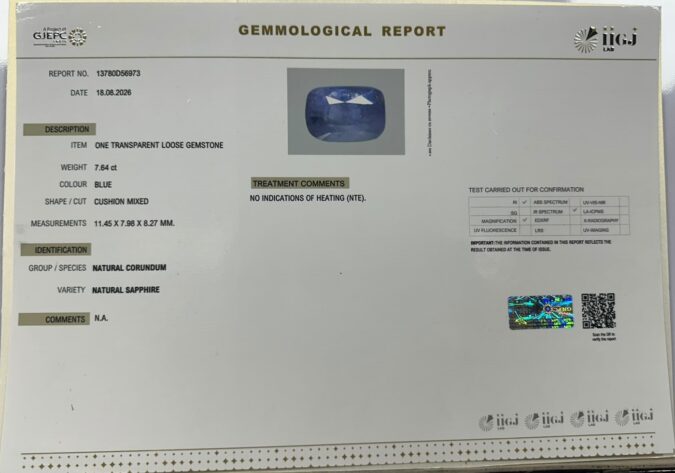 BLUE SAPPHIRE 7.64 Ct.