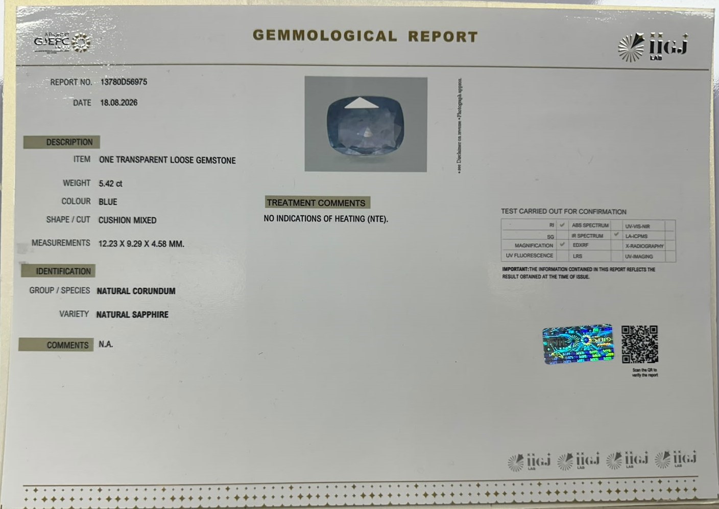 BLUE SAPPHIRE 5.42 Ct.