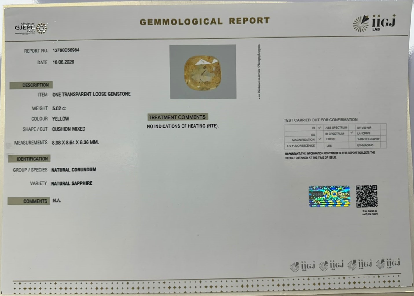 YELLOW SAPPHIRE 5.02 Ct.