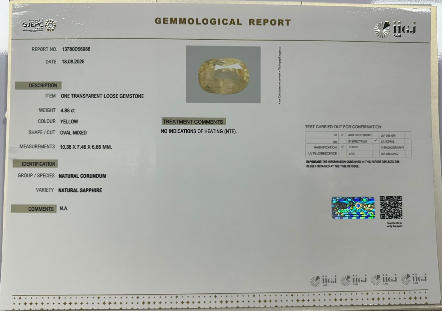 YELLOW SAPPHIRE 4.88 Ct. YELLOW SAPPHIRE 4.88 Ct.