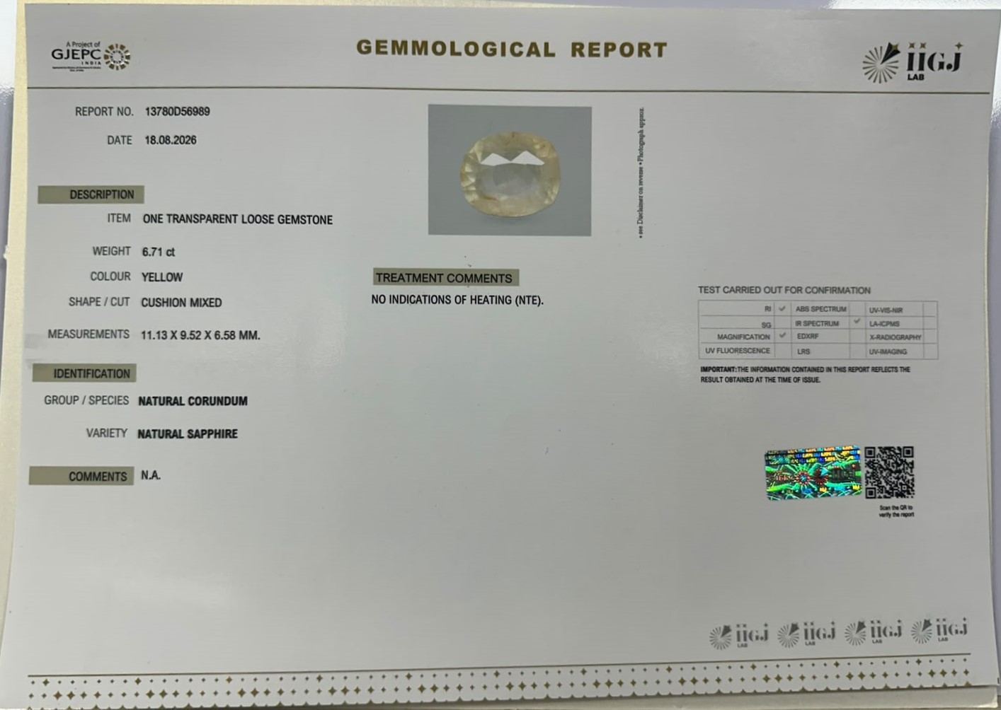 YELLOW SAPPHIRE 6.71 Ct.