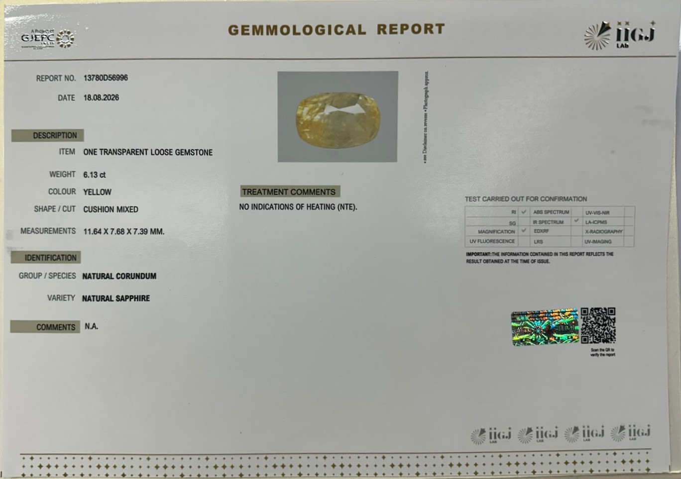 YELLOW SAPPHIRE 6.13 Ct. YELLOW SAPPHIRE 6.13 Ct.