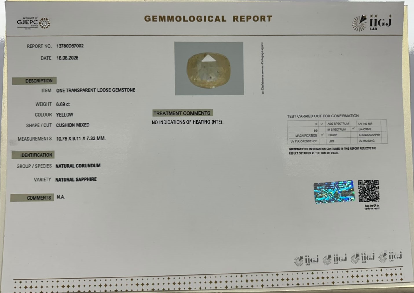 YELLOW SAPPHIRE 6.69 Ct. YELLOW SAPPHIRE 6.69 Ct.