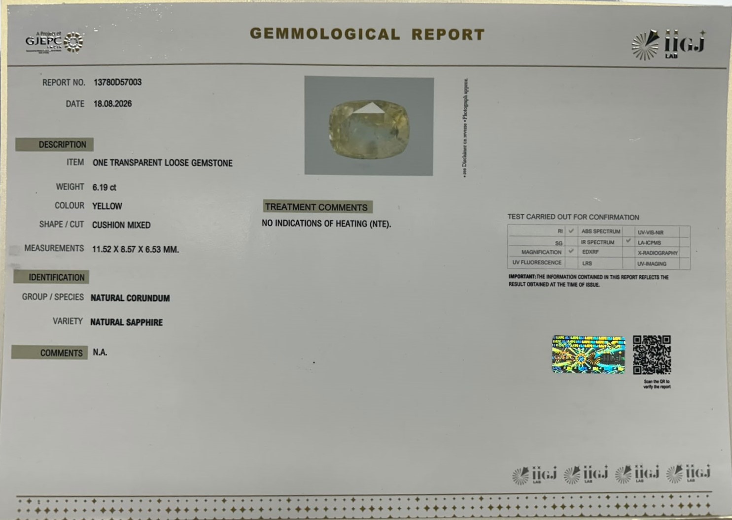 YELLOW SAPPHIRE 6.19 Ct.