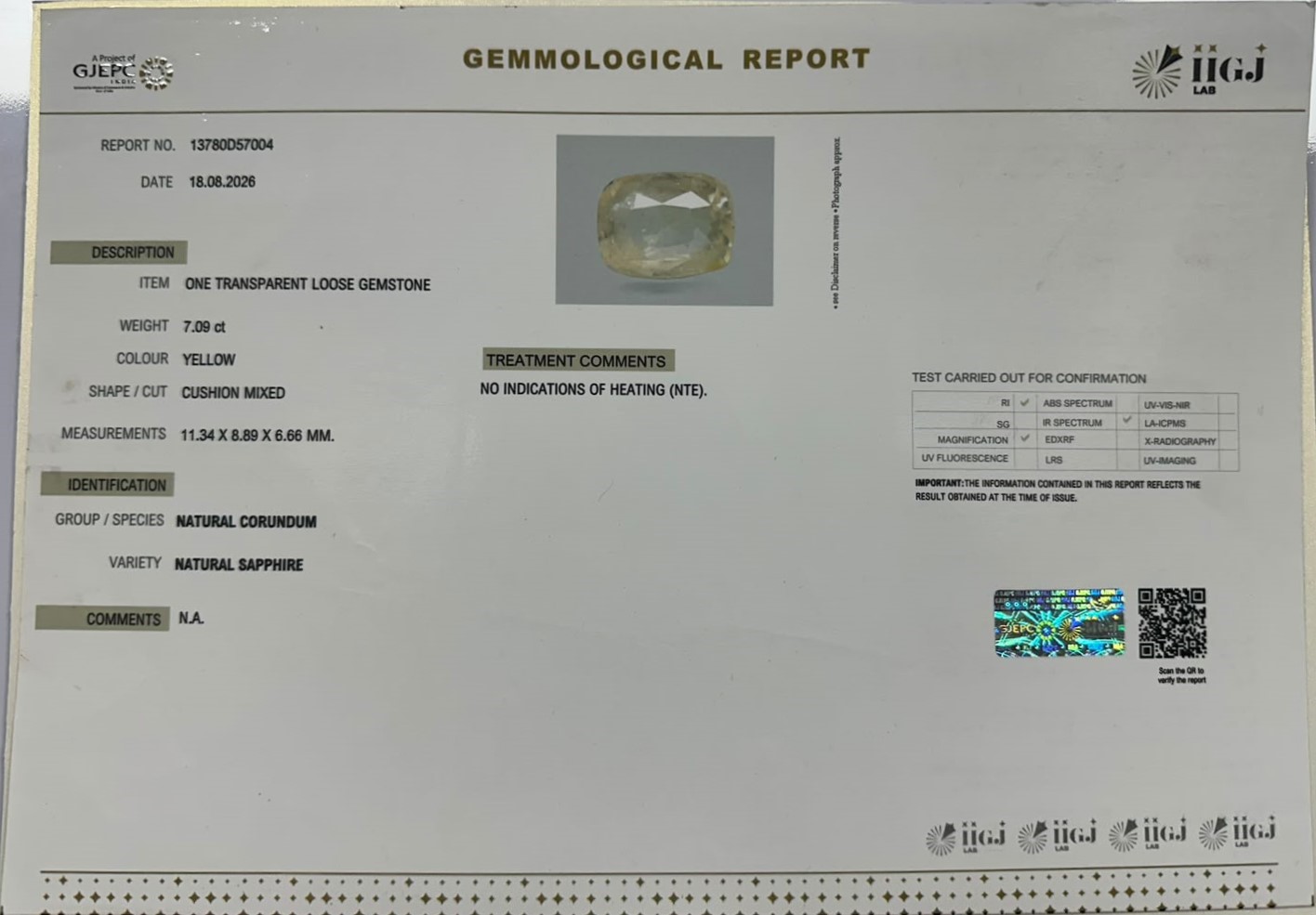 YELLOW SAPPHIRE 7.09 Ct.