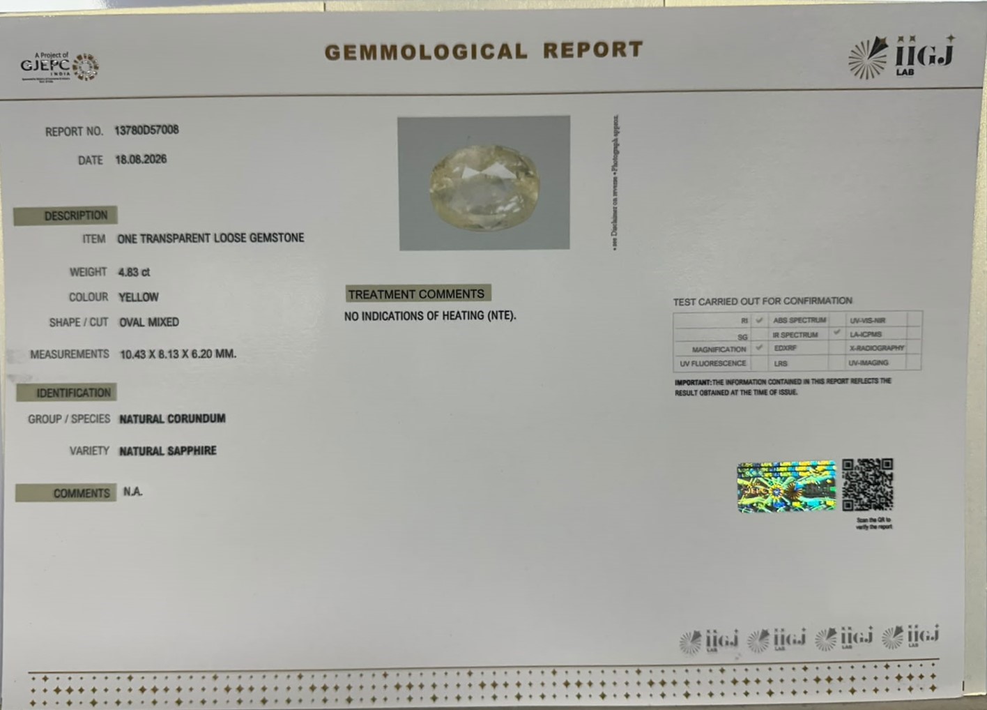 YELLOW SAPPHIRE 4.83 Ct.