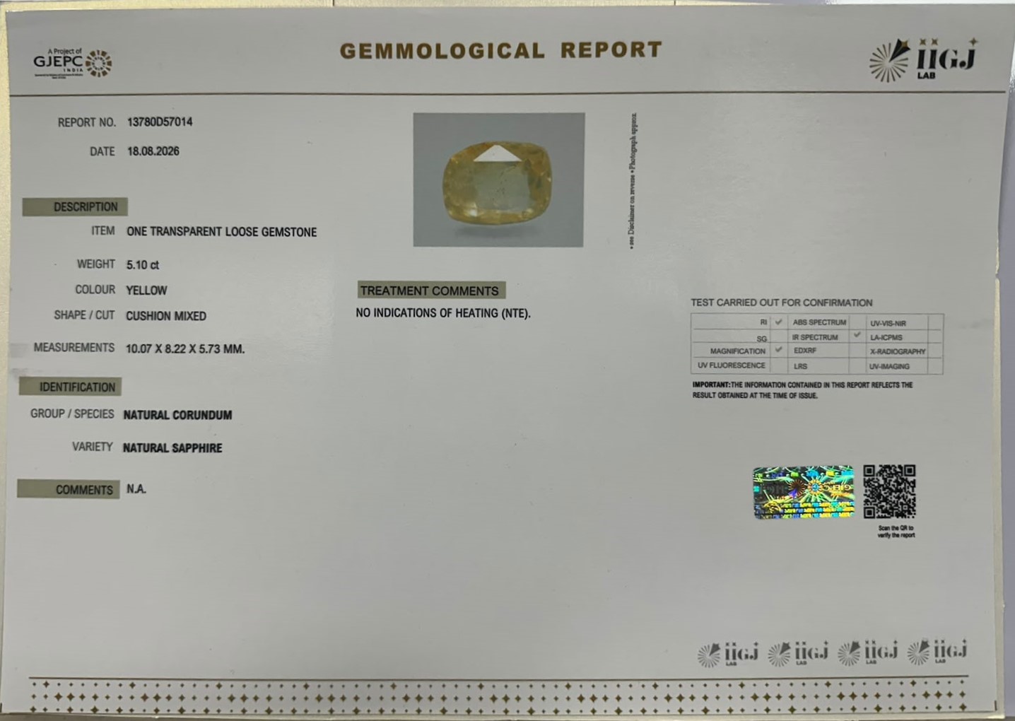 YELLOW SAPPHIRE 5.1 Ct.