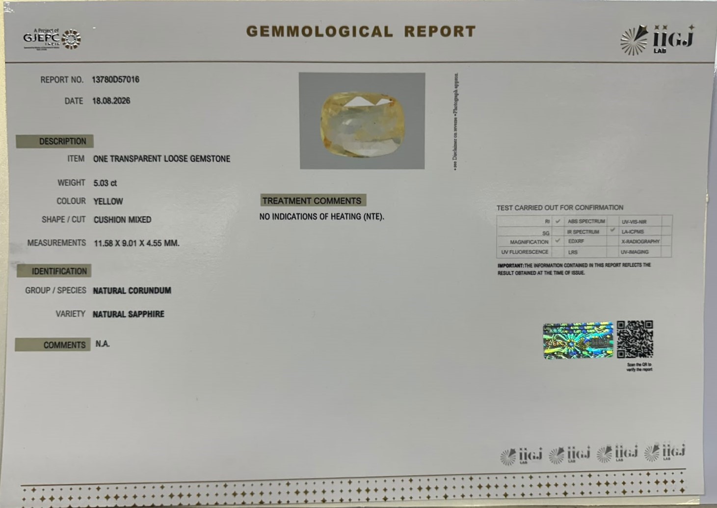YELLOW SAPPHIRE 5.03 Ct. YELLOW SAPPHIRE 5.03 Ct.