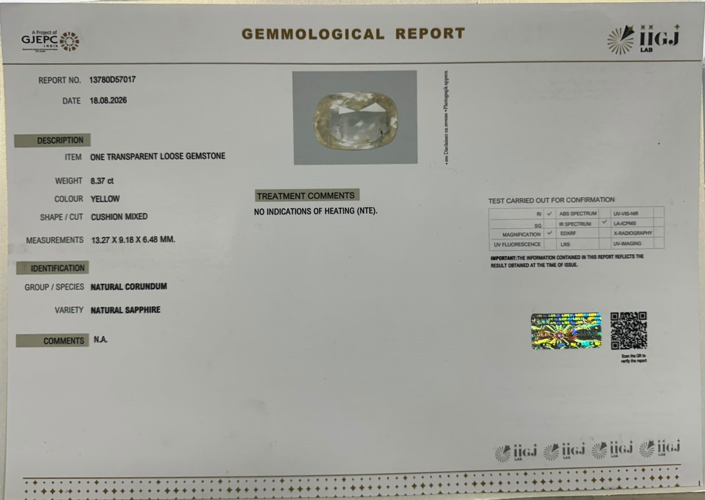 YELLOW SAPPHIRE 8.37 Ct. YELLOW SAPPHIRE 8.37 Ct.