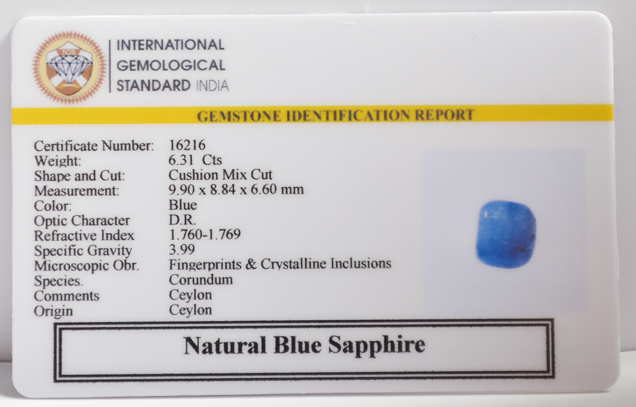 BLUE SAPPHIRE 6.31 Ct. BLUE SAPPHIRE 6.31 Ct.