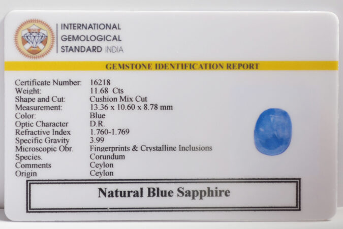 BLUE SAPPHIRE 11.68 Ct. BLUE SAPPHIRE 11.68 Ct.