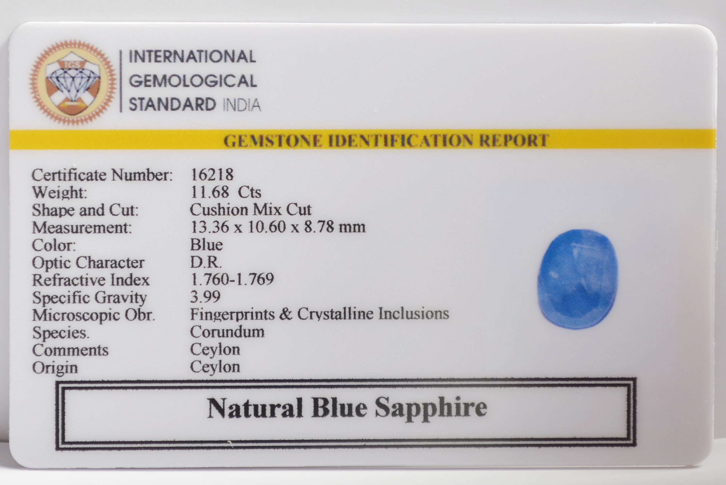 BLUE SAPPHIRE 11.68 Ct. BLUE SAPPHIRE 11.68 Ct.
